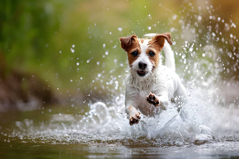 A joyful dog splashing through water, embodying the spirit of pets who thrive with natural flea protection.
